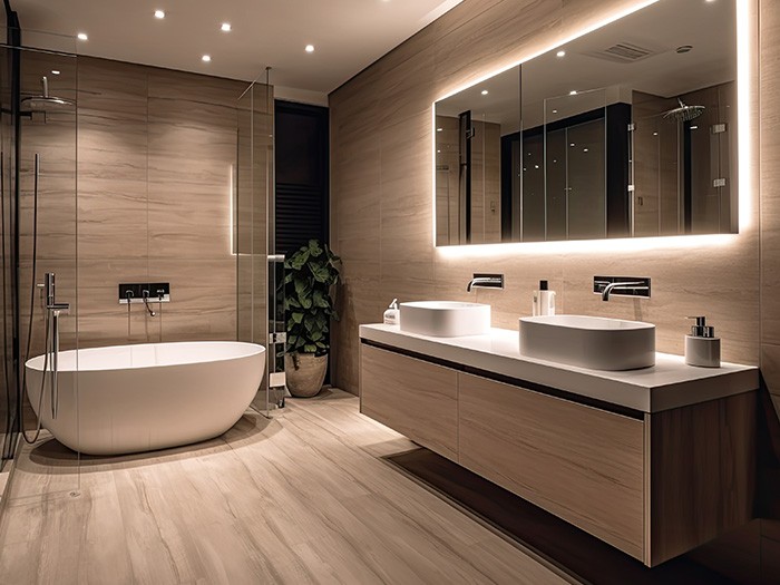 Bathroom dimly lit with lighting behind the mirrors and sinks.